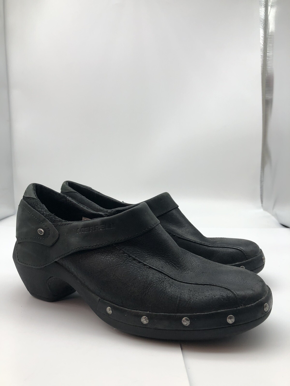 Scarpe zoccoli Merrell Luxe Wrap donna taglia 7 5 slip on pelle nera tacco borchie moto