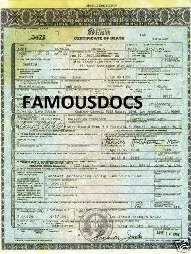 CERTIFICADO DE DEFUNCIÓN Kurt Cobain Grunge Rock Nirvana Star, Tragic Demise - Imagen 1 de 1
