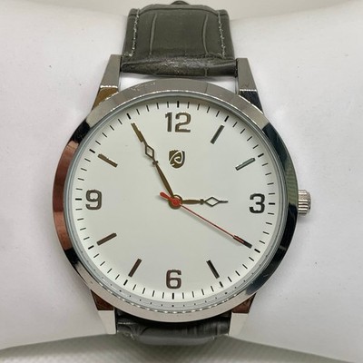 Auriol men wrist watch silver tone 46mm round case quartz leather band running