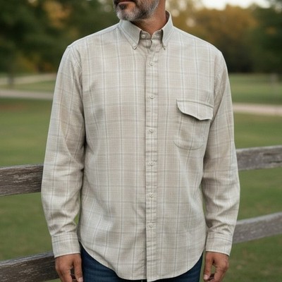 Vintage Cacharel Paris Shirt Men L Pocket Beige Tan Plaid Long Sleeve Button Up 