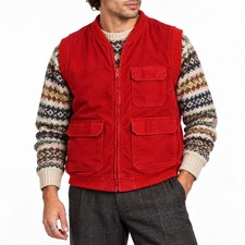 70s Vintage Red Corduroy Puffer Vest Mens L Quilted Zip Front Utility Knit Mod