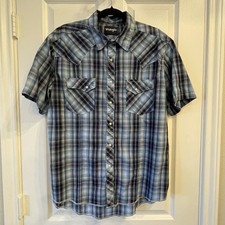Wrangler Men's Large Western Pearl Snap Shirt Blue/Blk Plaid Short Sleeve Button