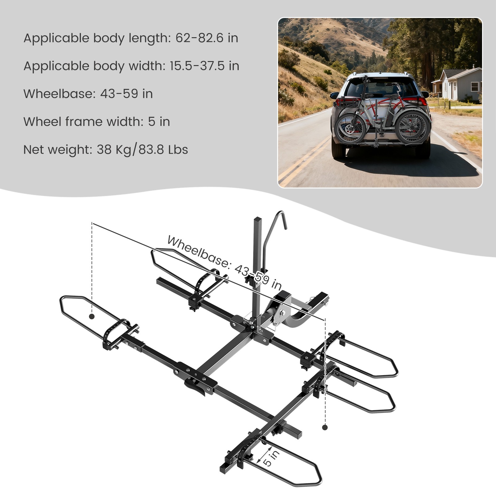 MOONCOOL 2-Bike Folding Hitch Trike Rack-270lbs Capacity Rear Bike Racks Carrier