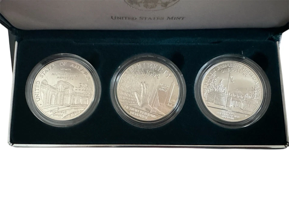 1994 US Veterans 3 Coin Three Silver Dollar Commemorative  Proof Set OGP Box COA - Image 2 of 3