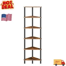 6-Tier Corner Shelf Stand, Industrial Wall Bookshelf, Rustic Brown