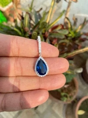 2Ct Pear Cut Simulated Blue Sapphire Women's Halo Pendant 14k White Gold Plated