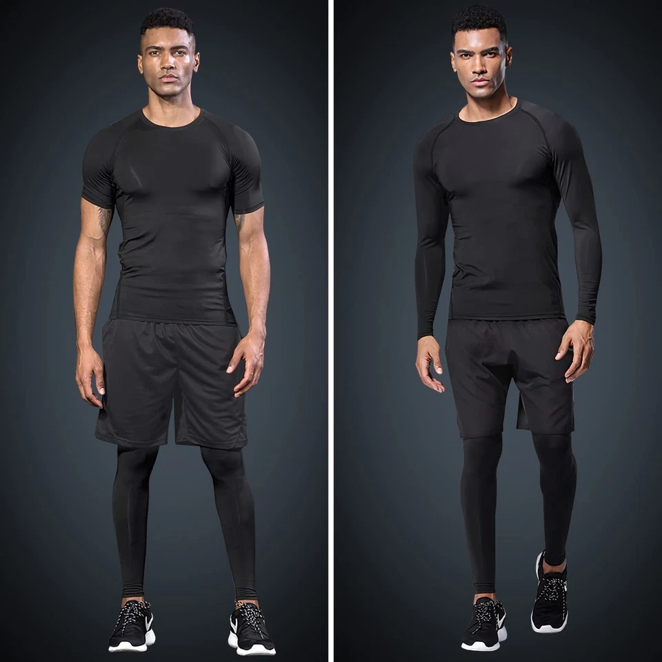 Men Compression Workout Set Dry Quick Shirt Pants Shorts Tights Jacket 5 Piec... - Image 2 of 4