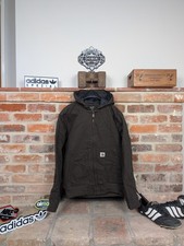 Image of Carhartt Active Jacket Lined Canvas Workwear Coat Brown Size Small Hood