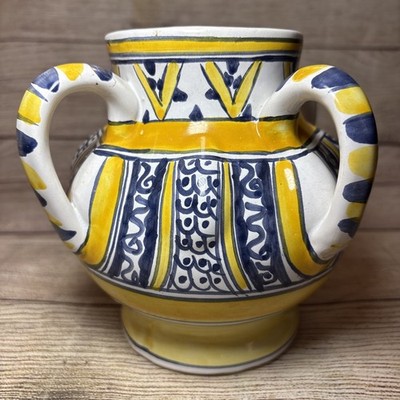 Four Handled Art Pottery Vase Portugal Blue White Yellow 6.5x5.5 