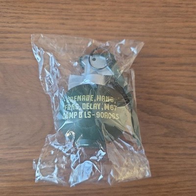 M67 Grenade Charm, Green   Sound Grenade Toy, Black Body with White Text, LED