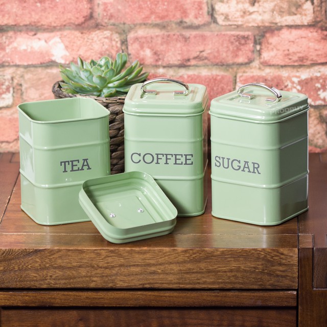 Vintage Sage Green Enamel Tea Coffee Sugar Storage Canisters Jars