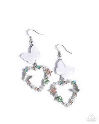 Paparazzi-Flirty Flight - Green-White & Silver Butterfly - Gem - Rhinestones- Ea