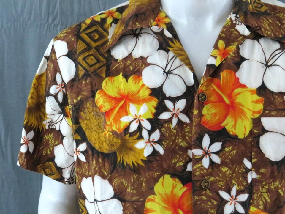 Camisa hawaiana vintage - Flores sobre marrón de Royal Hawaiian - Grande para hombre Foto 3 de 4