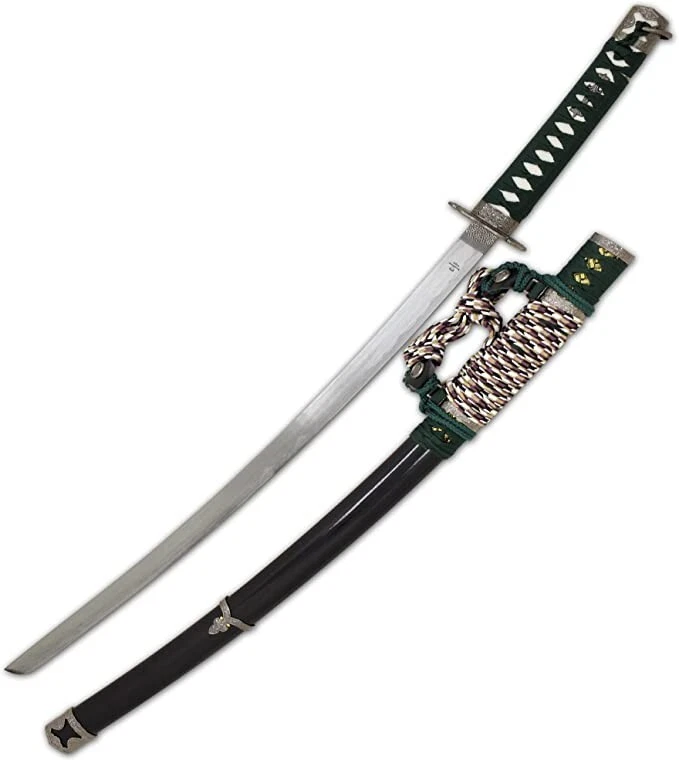 Espada táctica japonesa Katana ninja samurai verde de dos tonos de 40" con soporte Foto 2 de 4