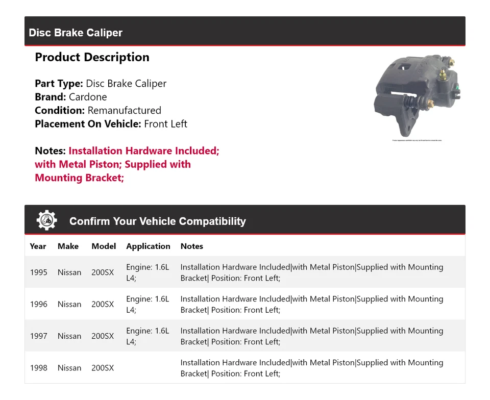 Pinza de freno de disco delantera izquierda cardone 1996 1997 para Nissan 200SX 1995-1998 Foto 2 de 4