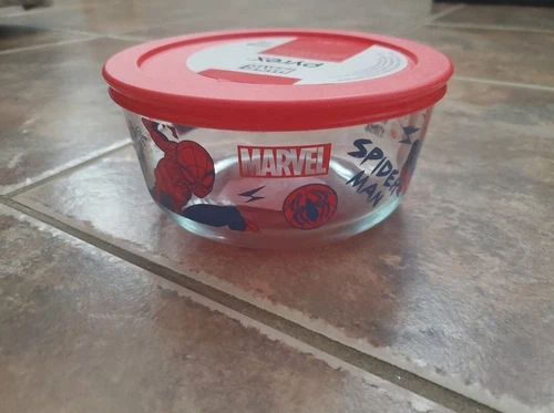 MARVEL SPIDER-MAN PYREX  4-CUP STORAGE GLASS BOWL WITH RED LID