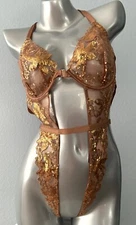 Victorias Secret Bodysuit Teddy Gold Sequin Open Strappy V String Sexy Nwt XXL