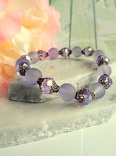 Handcrafted Sea Glass Bracelet, Ladies Stretch Bracelet, Beaded Chain Bangle