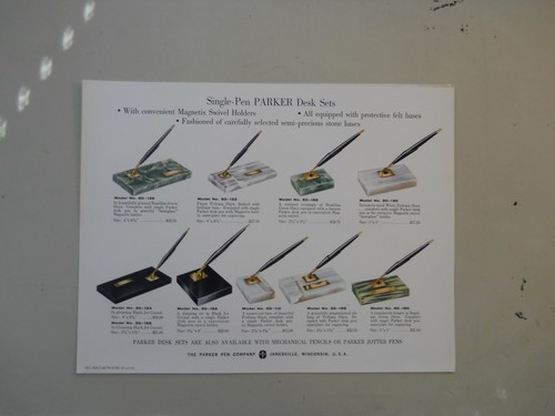 Parker Vintage l960 Desk Set Catalog Sheet-Single Pen Desk Sets