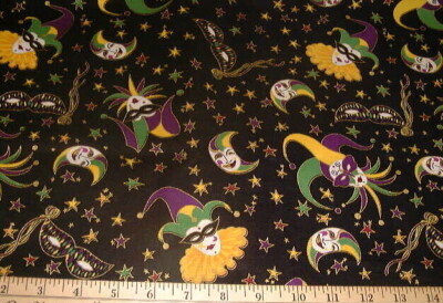 MARCUS Fabric - Mardi Gras Fabric - Jesters Masks & Stars/Black - HALF yd (18'')