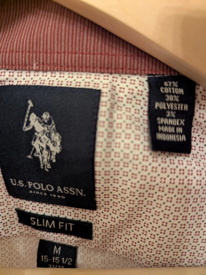 美国 Polo Assn. 男式修身正装衬衫 M 米色红色微型印花纽扣 — 第 3/4 张图片