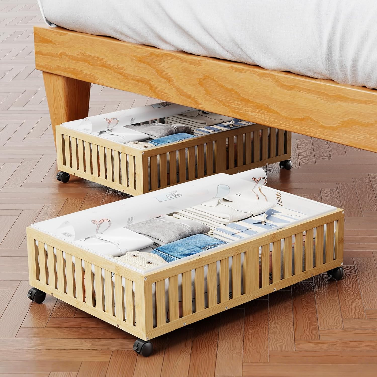 2Pack Bamboo under Bed Storage Containers, Underbed Storage with Wheels & 40L La
