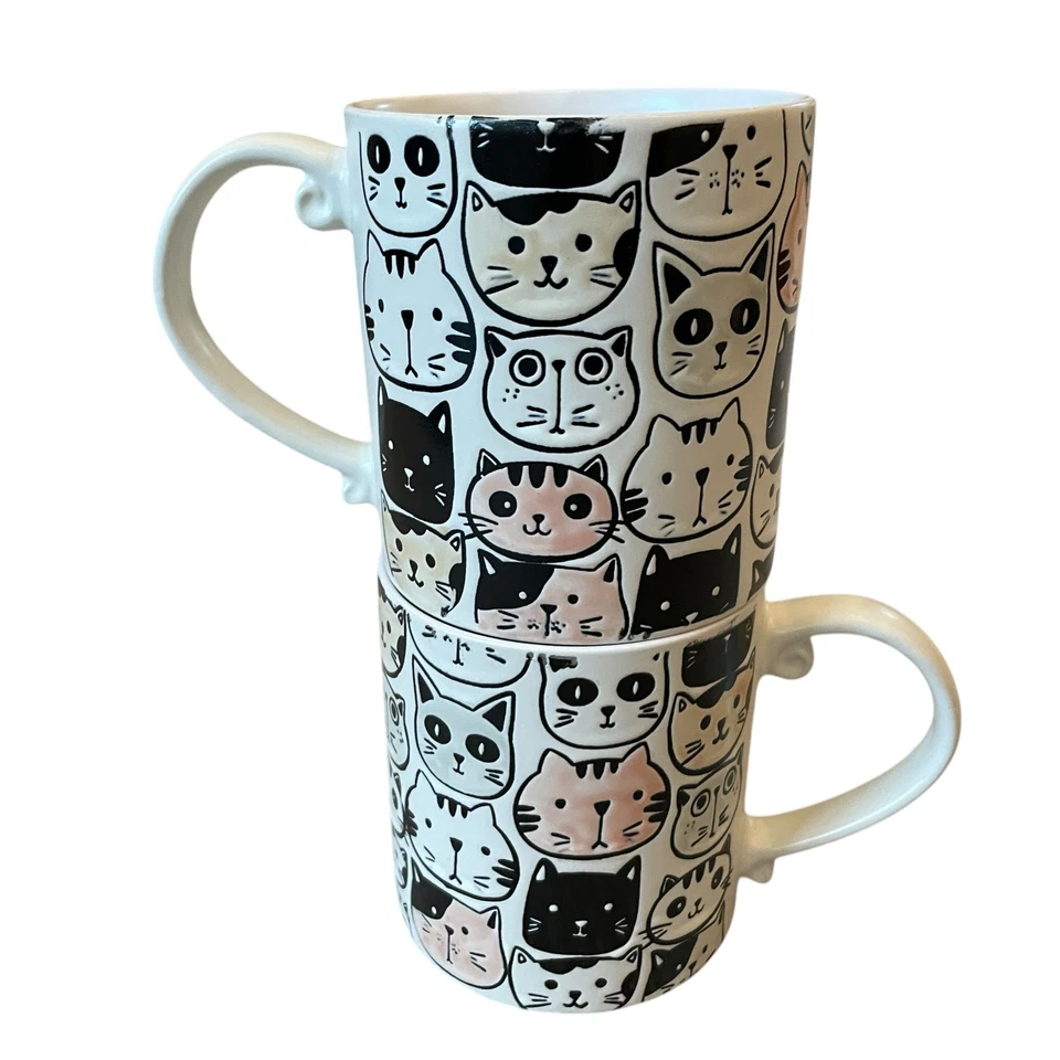 Spectrum Designz MITSY CAT FACE Coffee Tea Mugs 21oz Stoneware Set of 2 NEW - Image 2 of 4