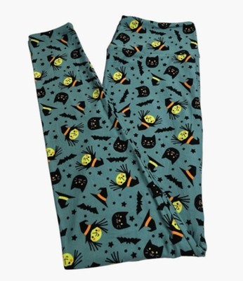 NEW LuLaRoe OS Leggings Rare Kitty Cat HALLOWEEN WITCH Night Bats Stars Hat BLUE