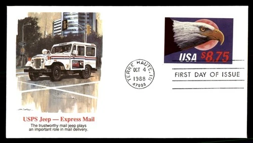 Mayfairstamps US FDC 1988 Indiana USPS Jeep express mail $8.75 eagle First Day C
