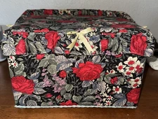 Vintage Sewing Box With Red Rose/black Floral Fabric W LOTS of Notions