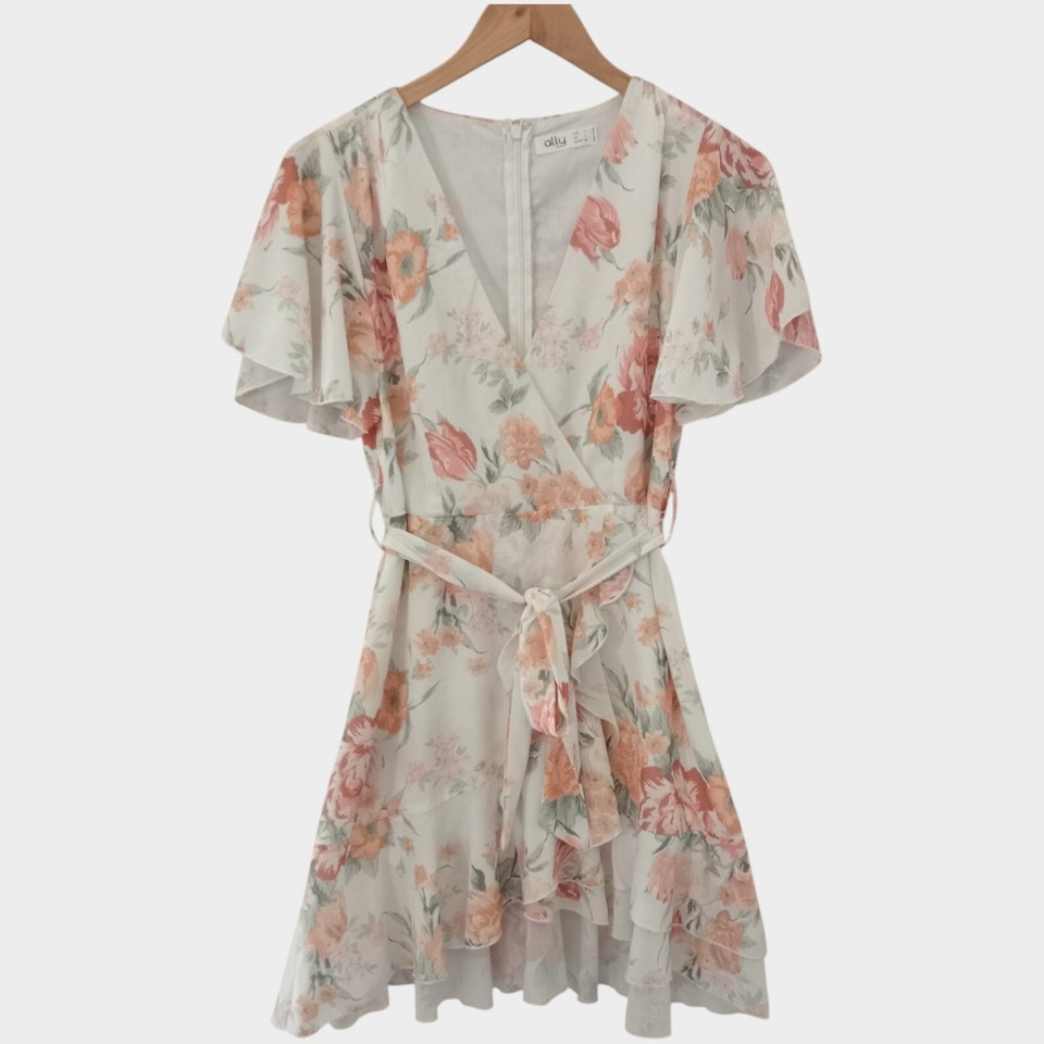 Women’s Floral Wrap Mini Dress White Pink Short Sleeve Ruffle Hem Party Dress