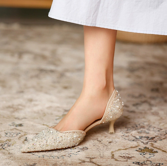 Women Pumps Glitter Sequin Elegant Pointed Toe Kitten Heels Wedding Shoes Sandal
