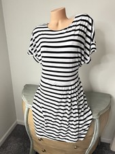 Chaps Nautical Knit Dress Short Slv Womens XL Black White Stripe Tie Preppy