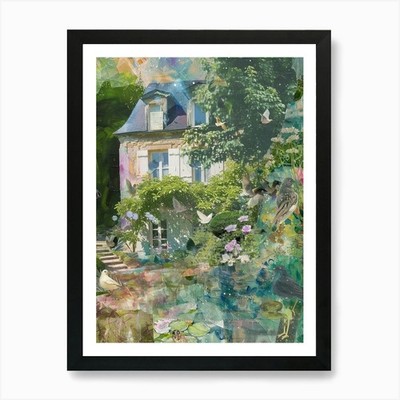 Collage Teich Monet Feen Scrapboo gerahmtes Wandbild Poster Leinwanddruck Bild