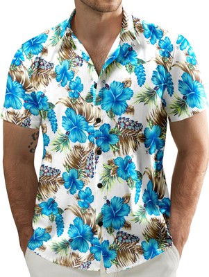 JOGAL Men's Flower Casual Short Sleeve Aloha Hawaiian Shirt X-Large Blue