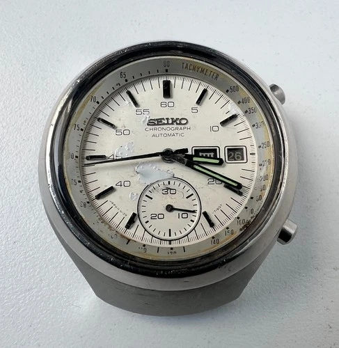 SEIKO 6139-7101 Automatic Chronograph Watch Vintage Mens HELMET White Dial 17 J