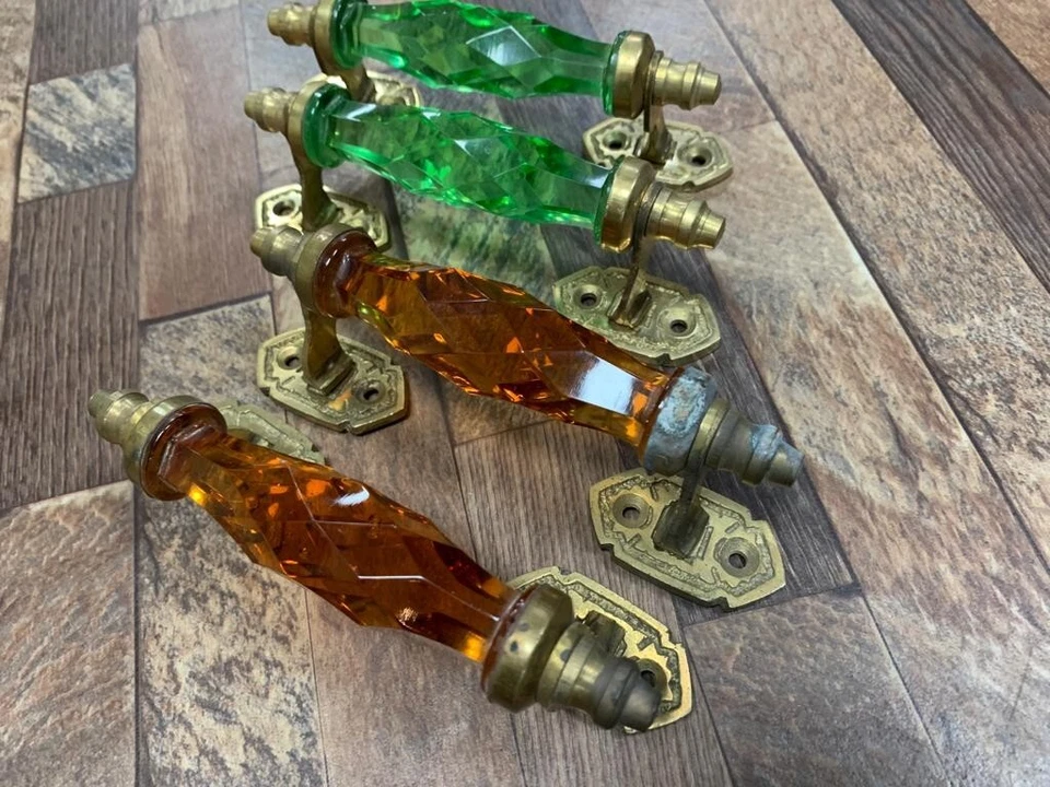 Manija de puerta de latón de vidrio verde y naranja tallado/cristal antiguo de 5,5"" 4 piezas Foto 3 de 4