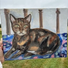 Cat Painting OOAK Original Art Artist Signed Primitive Haunted Green Eyes 11x14