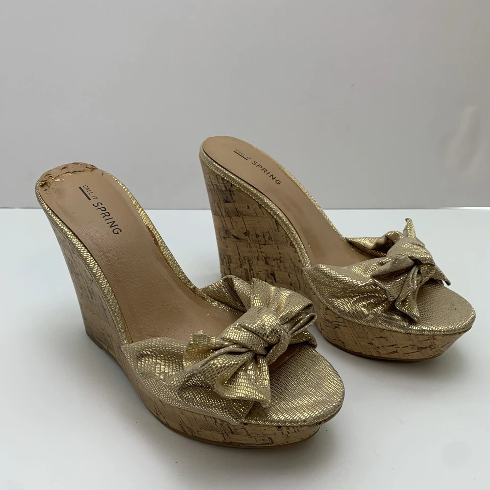 Call It Spring Gold Tie Wedge Sandals Size 7 - Image 2 of 4