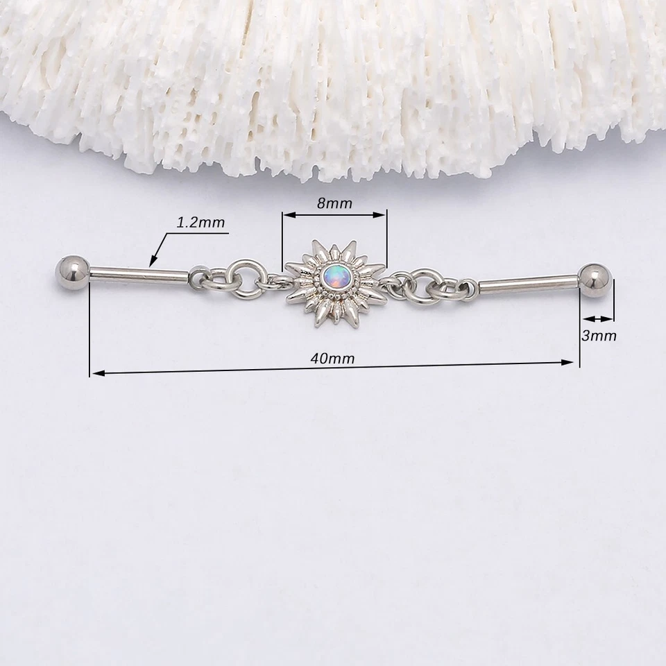 Barra industrial de acero inoxidable con flor de sol 16G piercing ópalo oreja joyería Foto 4 de 4