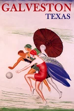 Galveston Texas Beach Fashion Girls Sun Umbrella Vintage Poster Repro FREE S/H