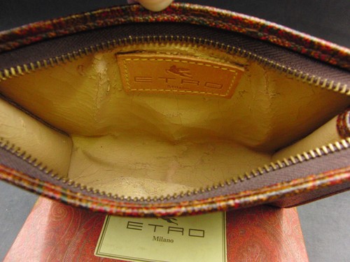 Etro Milano Leather Cosmetic Bag Paisley Brown Zippered Pouch with Box & Tag - Picture 3 of 11