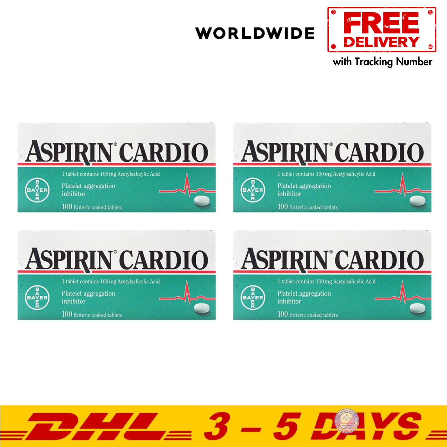 4x 100's Tablets Bayer ASPIRIN Cardio 100mg Acetylsalicylic Acid FREE