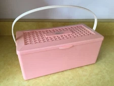 Vintage Coral Peach Plastic Sewing Storage Basket Box with notions  (EE1)