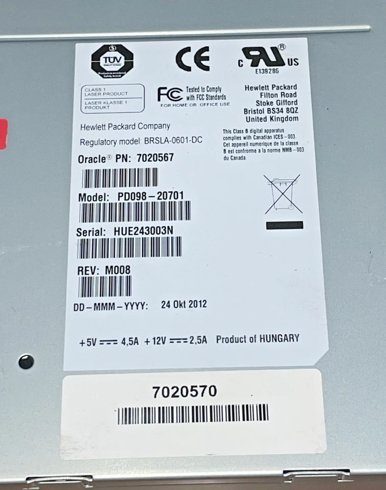 Unidad de cinta interna HP LTO-4 FC BRSLA-0601-DC PD098-20701 Oracle 7020567 - Imagen 3 de 3