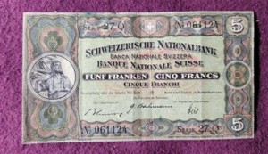1944 Switzerland 5 Franken - Pick# 11k - Solid VF