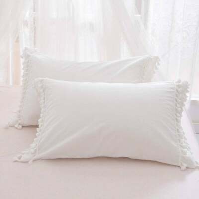 Washed Cotton Rectangle Pillow Cushion WHITE COVER ONLY Throw Sham Indian  Fringe