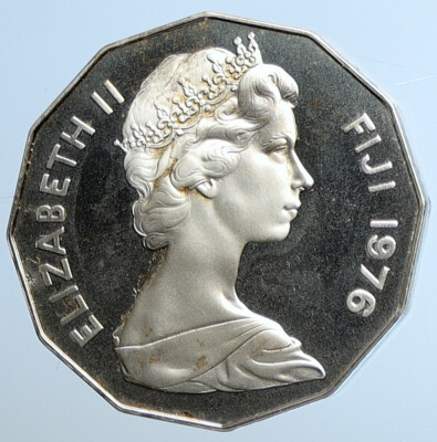 1976 FIJI Queen Elizabeth II NATIVE CANOE Old Proof Silver 50