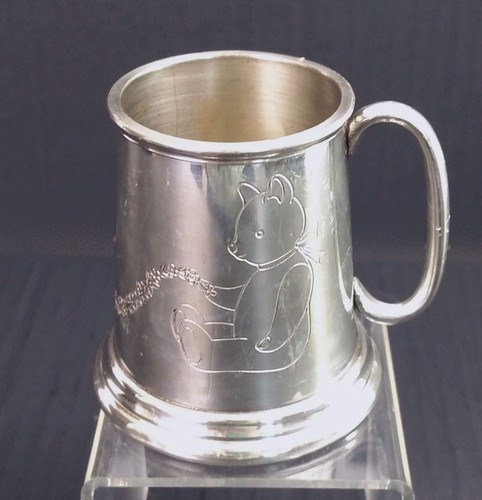 English Pewter Baby Christening Tankard Teddy Bear Garland THL England 3" High