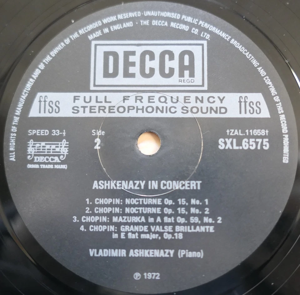 SXL 6575 Ashkenazy In Concert Chopin Sonata no. 2 etc Decca Stereo NEAR MINT - Image 3 of 4